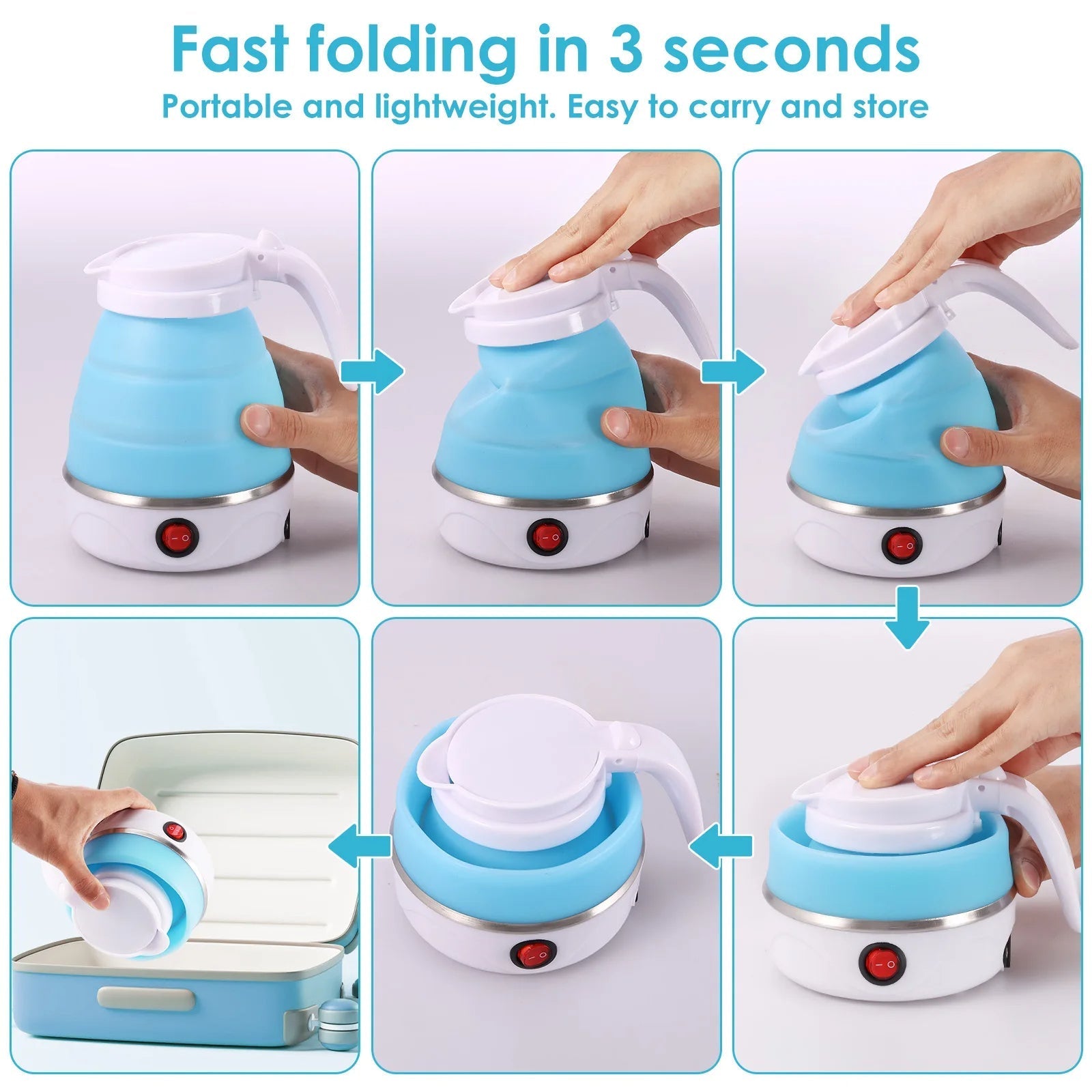 Mini Folding  Electric Kettle Portable Leakproof Silicone 600ml 600W