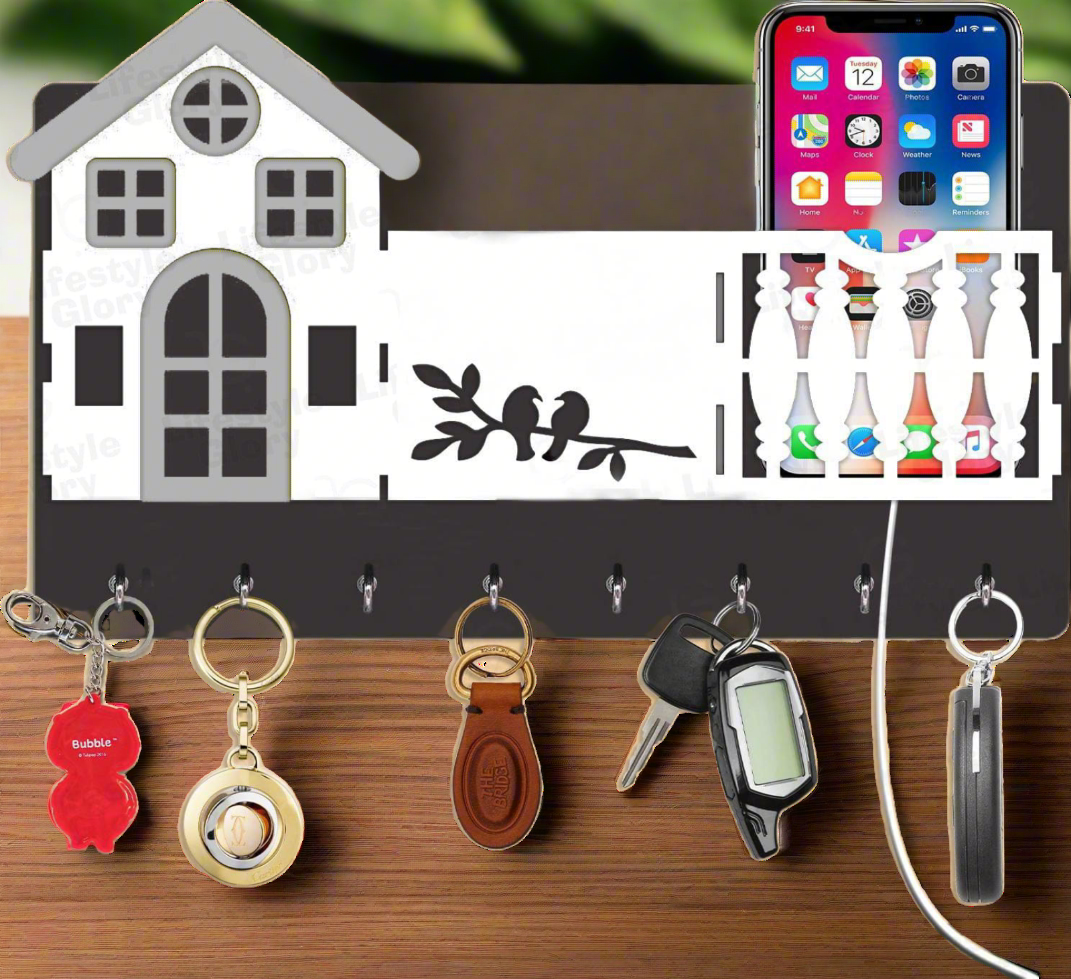 Mobile & key 3D Home Design With Sparrow Engraving Wooden Key Holder