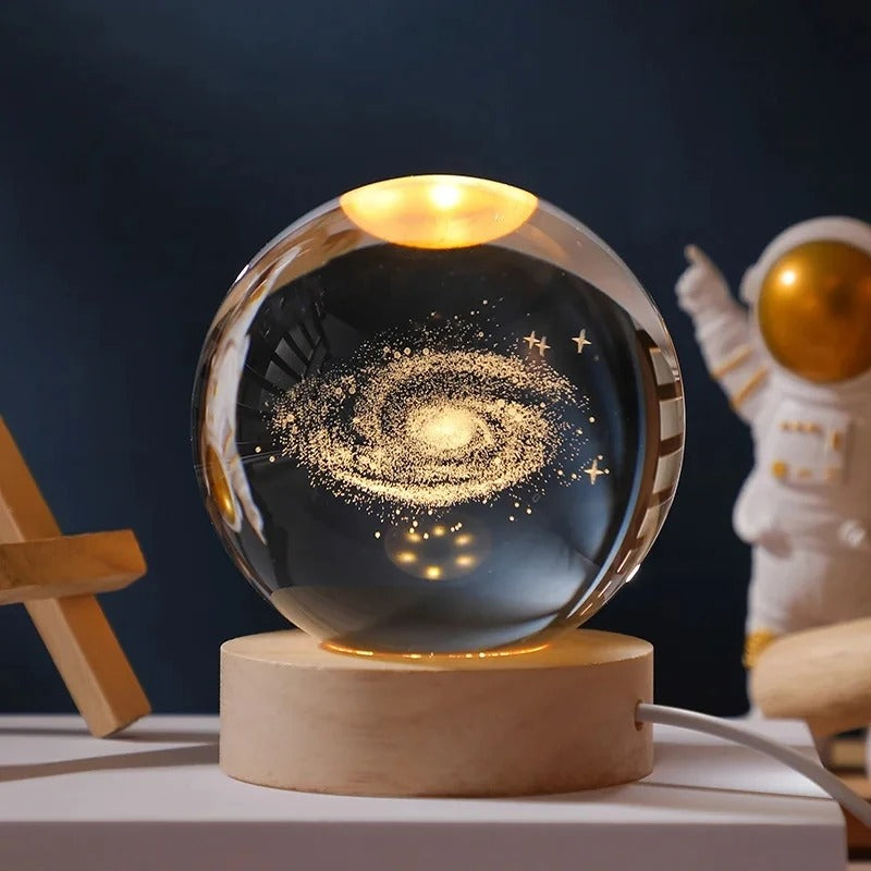 3D Galaxy Crystal Ball Night Light – Astronaut, Moon & Planet Glow Lamp